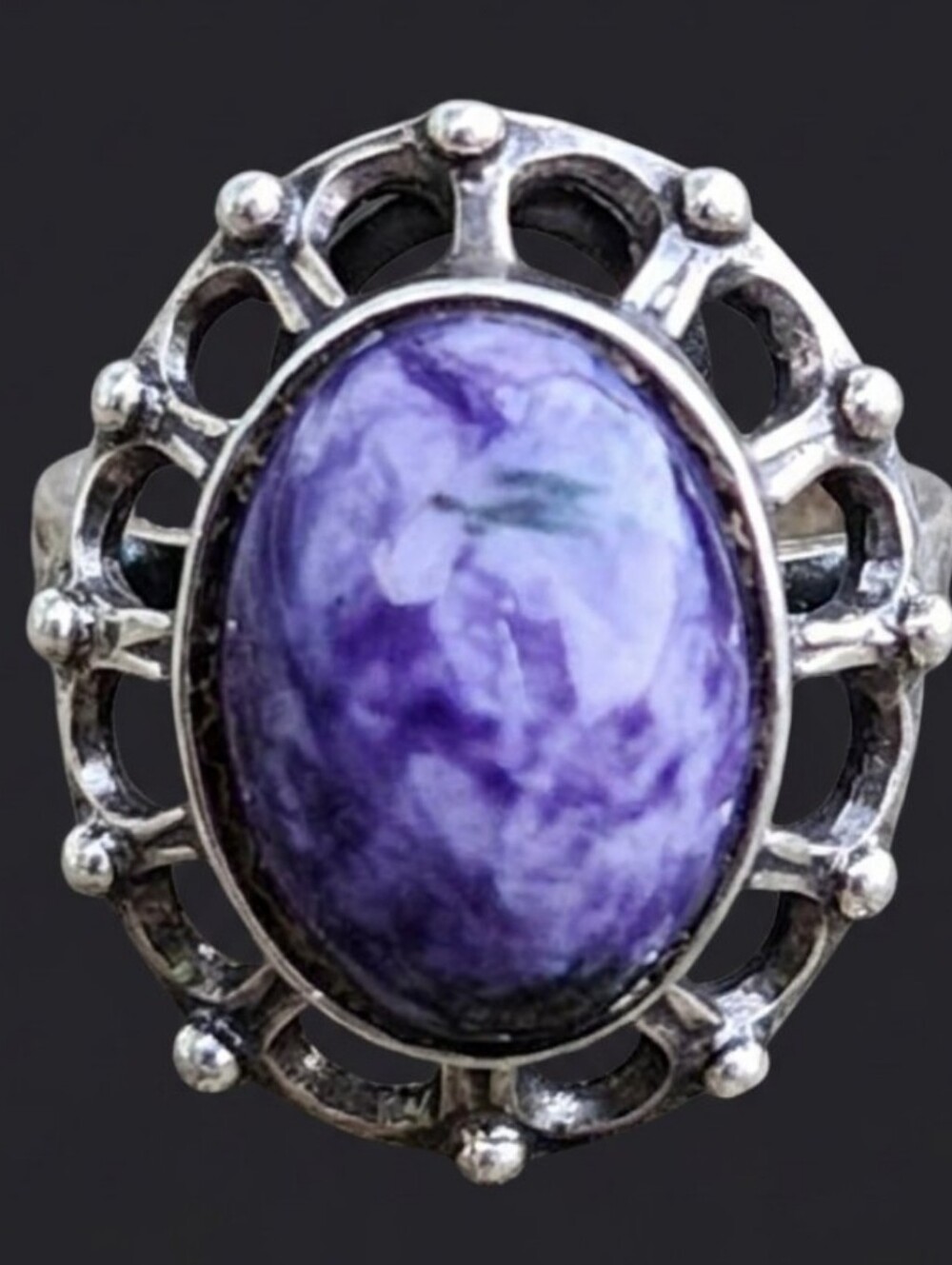 Vintage Sterling Silver Charoite Ring 925 Statement Cabochon Purple Russian Sz 6